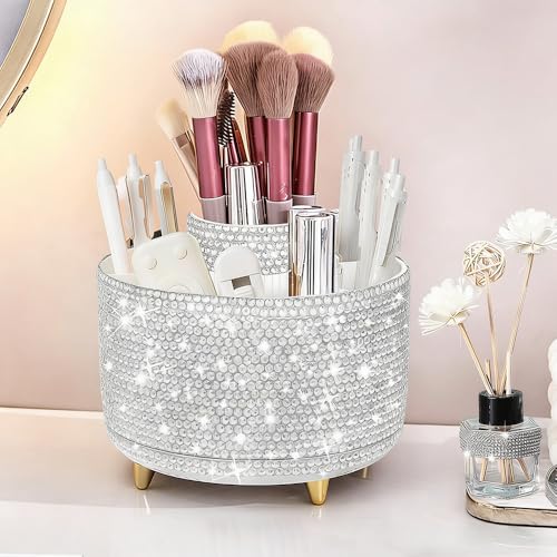 Bling Makeup Brush Holder,360° Rotating Makeup Brush Organizer,5 Slot Make up Brushes Cup for Cosmetics,Large Capacity,For Nail Polish, Art Supply, Bathroom Vanity,Cosmetics Organizer,Diamond White - color: Diamond White