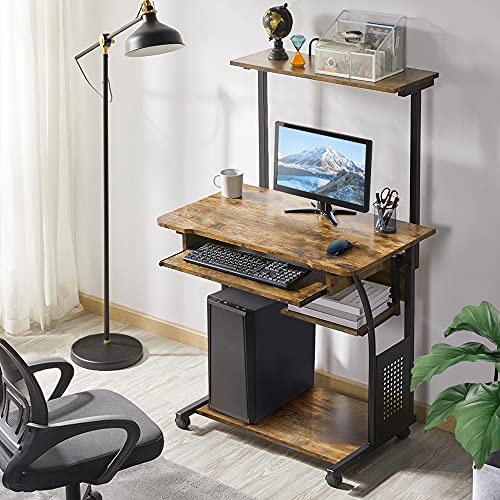 Yaheetech Small Rolling Computer Desk with Hutch and Shelves, Rustic Brown | Particle board and metal, with keyboard tray, hutch, and shelf for a monitor and tower in tight spaces, gliding on casters. - color: Rustic Brown