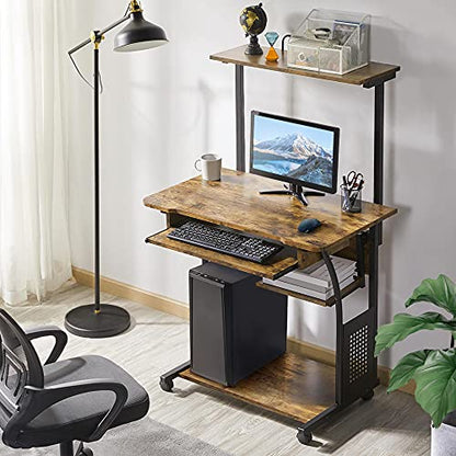 Yaheetech Small Rolling Computer Desk with Hutch and Shelves, Rustic Brown | Particle board and metal, with keyboard tray, hutch, and shelf for a monitor and tower in tight spaces, gliding on casters. - color: Rustic Brown