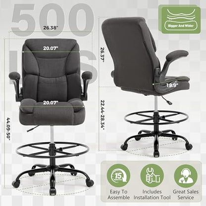 500LBS Drafting Chair, High Back Safer Standing Desk Chair, Executive Tall Office Chair with Flip-up Armrests, Upholstered Fabric Task Chair, Ergonomic Seat with Adjustable Height&Foot Ring, Dark Gray - color: Dark Gray