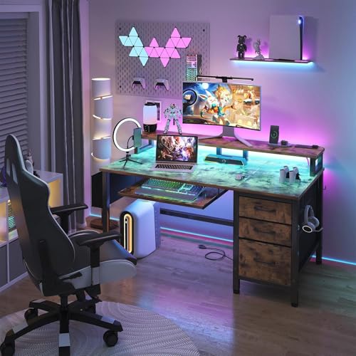 Lufeiya Gaming Desk with LED Lights and Power Outlets, 47 Inch Home Office Desks with Keyboard Tray, Computer Desk with File Drawers Cabinet, Writing Table PC Desks with Monitor Stand, Rustic Brown
