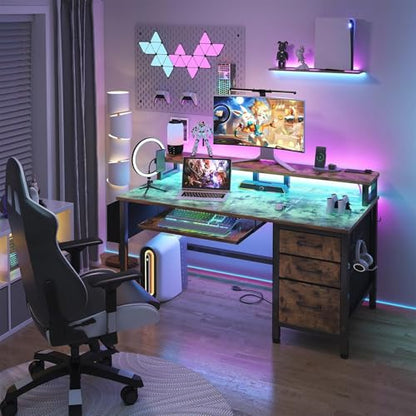 Lufeiya Gaming Desk with LED Lights and Power Outlets, 47 Inch Home Office Desks with Keyboard Tray, Computer Desk with File Drawers Cabinet, Writing Table PC Desks with Monitor Stand, Rustic Brown