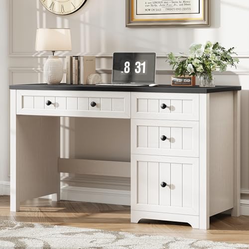 Vabches Farmhouse Executive Desk with 4 Drawers, Home Office Desk with File Drawer, Wood Computer Desk with Storage, Rustic Office Desk for Work Study Writing, Black White - color: Black White