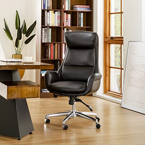 Glitzhome Mid-Century Modern Air Leatherette Adjustable Swivel High Back Office Chair, Black - color: Black