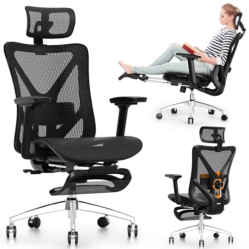 Ergonomic Office Chair with Footrest, 135° Reclining Desk Chair with Adjustable Lumbar Support,3D Armrest,Headrest & Large Steel Base, 300LBS Heavy Duty Mesh Chair - color: Onyx Black
