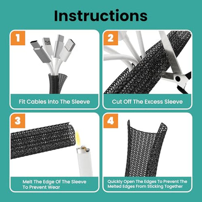 Braided Cable Management Sleeve, 10 ft (120 in), 1/2 in, Black | Expandable Split PET Braid, Self-Closing Design for TV, PC, USB and Ethernet Cables, Protect Pets Kids - size: 10ft-1/2"