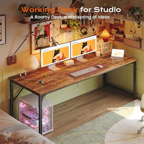 PRAISUN 63 X 30 Inch Extra Deep Desk with Power Outlets - color: Rustic Brown, size: 63*29.5 inch