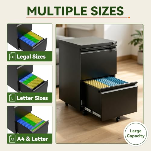 SAWJEC 2 Drawer Rolling File Cabinet Fully Assembled, Black - color: 01b-black