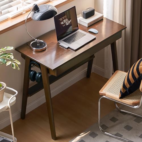 Walnut Color Home Office Desk, 100% Solid Rubber Wood Desk, Mid Century Modern Writing Computer Desk with Drawer for Sturdy Room, Bedroom 31.49" W - color: Walnut-rubberwood 1, size: 31"W