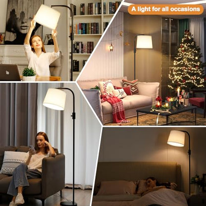 Fully Dimmable Floor Lamp with 9W LED Bulb, Standing Lamp for Living Room with Adjustable Head, Modern Tall Light with Rotary Switch for Office, Black and White - color: C:Black and Linen White