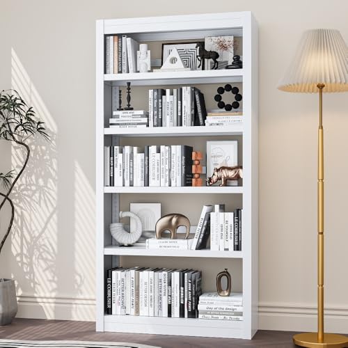 White 5-Tier Metal Bookcase, 69″ Heavy-Duty Sturdy Home Office Bookshelf | Holds Up 200 Books, Adjustable Shelves, Heavy-Duty Load, Fast Screw-Free Assembly, Widely Used Home & Office Storage - color: White, size: Style1-31.5"W