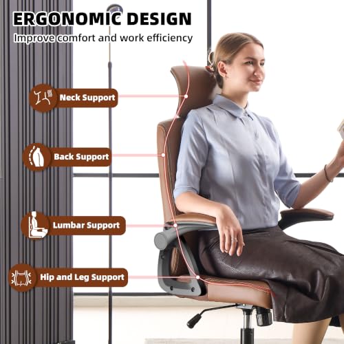 Leather Office Chair,Executive Ergonomic Desk Chair for Home Office, Brown - color: Brown