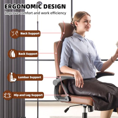 Leather Office Chair,Executive Ergonomic Desk Chair for Home Office, Brown - color: Brown