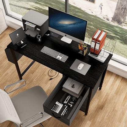 47.3" Office Desk with Power Outlet & 3 Drawers - Sturdy Reversible Frame, Side Pocket, Easy Assembly - Home/Office Computer Desk, Gaming Table, Vanity Table (Black + MDF+Metal + Modern) - color: Black + Mdf+metal + Modern