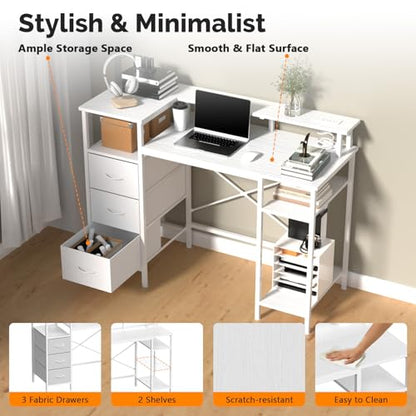 VINGLI 47" L-Shaped Home Office Desk, Fabric Drawers, Storage Shelves - color: White, size: 47 Inch