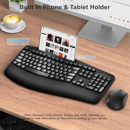 Wireless Keyboard and Mouse Combo, Full Size Ergonomic Wave Keys(Black) - color: Black