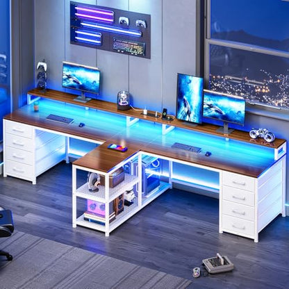 SEDETA 95" 2 Person Gaming Desk with 8 Drawers Storage Shelves, Brown+White | Double T Shaped Office Desk with LED Lights, Power Strip with USB & Monitor Stand for Home Office, Bedroom - color: Brown+white