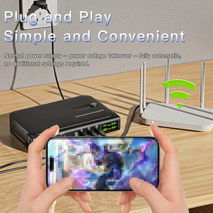 Mini UPS Battery Backup, 36W Uninterruptible Power Supply with DC 5V/9V/12V USB 5V LAN POE 15/24V Output and Real Time Monitoring Display for WiFi Router, Modem, Camera (US Plug 110V)