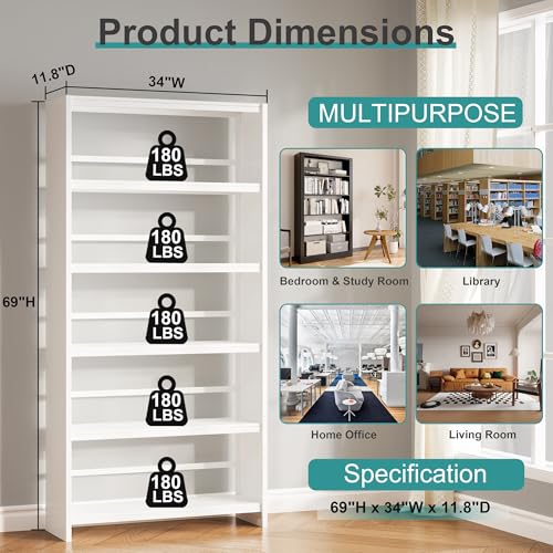 69" 5 Tier Metal Bookcase, Sturdy Storage Bookcase Book Stopper (White) - color: White, size: 69"H*34"W