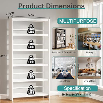 69" 5 Tier Metal Bookcase, Sturdy Storage Bookcase Book Stopper (White) - color: White, size: 69"H*34"W