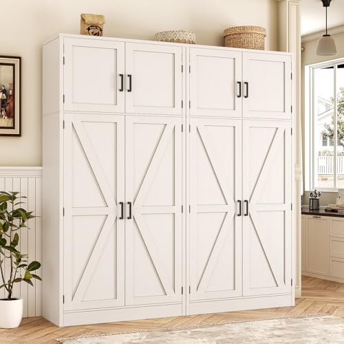 Unikito 71” Tall Kitchen Pantry Cabinet with Adjustable Shelves, 2 Pack | Large Farmhouse Storage Cabinets, Barn Doors, Sturdy and Deep, Versatile for Dinning Room, Living Room, Office, White - color: White, size: 63 Inch