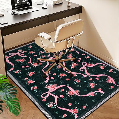 Office Chair Mat for Hardwood/Tile Floor, 36"x48"Desk Chair Mat for Rolling, Non Slip Under TPR Backing Low-Pile Rug(Black Bow Flower) - color: Black Bow Flower