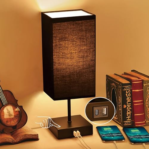 Bedside Table Lamp for Bedroom with 2 USB Ports, 14-Inch, Black | USB A+C Ports, Touch 3-Way Dimmable LED Bulb Included Fabric Lampshade Metal Base Small Nightstand Lamp for Desk Living Room - color: Black, size: 1-Pack