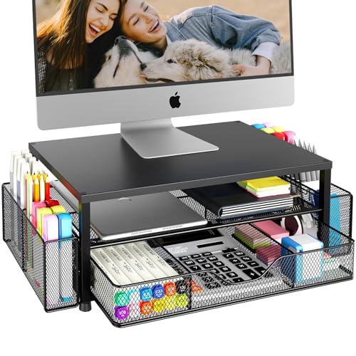 OPNICE Desk Organizer and Accessories, 2-Tier Computer Monitor Stand Riser with Drawer and 2 Pen Holders, Laptop Stand, Office Desk Accessories for Office Supplies, Black - color: Black 1-Pack, size: 18" x 9.1" x 5.6"