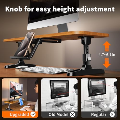 Wooden Monitor Stand Riser for Desk,Adjustable Height Monitor Shelf Riser with Phone Holder,Desk Storage Organizer Accessories,Wood Computer Screen Stands for Office,Home,Laptop,Printer,TV
