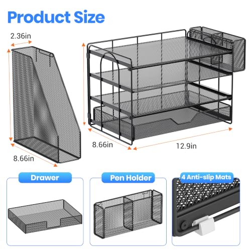 OPNICE Desk Organizers and Accessories, 4-Tier Desktop File Organizer with Drawer and Pen Holders, Office Desk Accessories Workspace Organizers for Office Supplies (Soft Black) - color: Soft Black, size: 4T