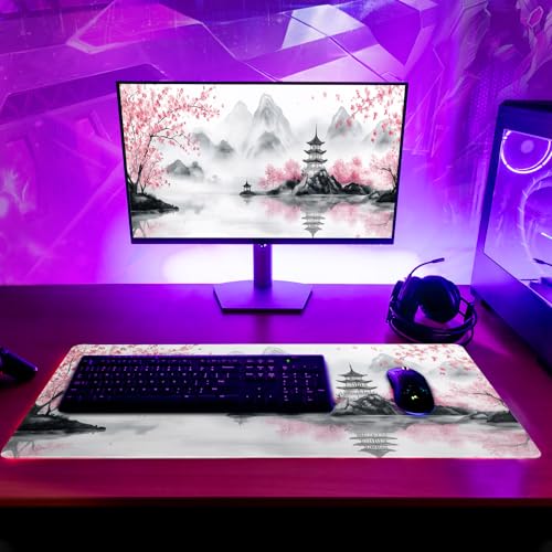 Pagoda Mouse Pad 31.5x11.8 Inch White Full Desk Japanese Mousepad Extended Large Non-Slip Rubber Base Waterproof Big Keyboard Mat with Stitched Edges for Gaming and Office - color: Pagoda