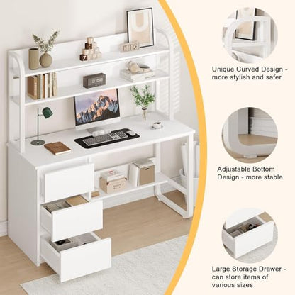 MaverickFurni 55 Inch White Computer Desk with Hutch and 3 Drawers - color: White, size: 55"W