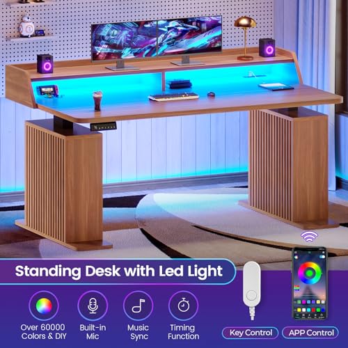 SEDETA Standing Desk with Storage, 55" Fluted Stand Up Desk with Power Outlets and LED Lights, Height-Adjustable Table with Monitor Shelf for Home Office & Gaming, Brown - color: Brown