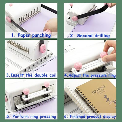 Double Coil Binding Machine with Electric Hole Puncher, 20 Sheet Capacity, Extended Ruler, and Pressure Ring Adjustment for Notebooks and Card Binding