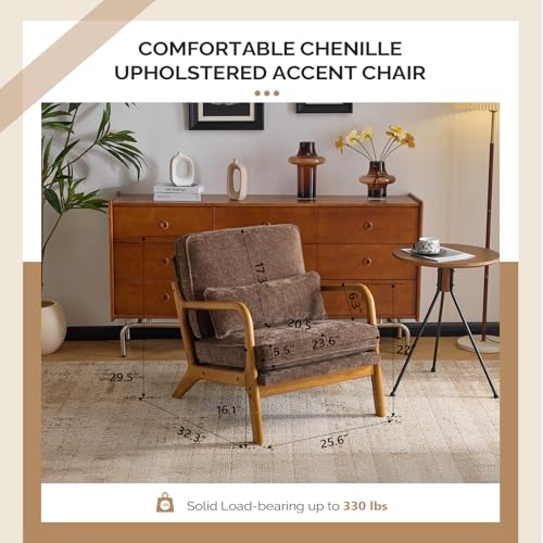 VINGLI Chenille Mid-Century Modern Accent Chair Set of 2, Cute Reading Arm Chair with Cushion & Lumbar Pillow & Solid Wood Frame for Lounge, Living Room, Reading Room, Bedroom, Espresso - color: Espresso