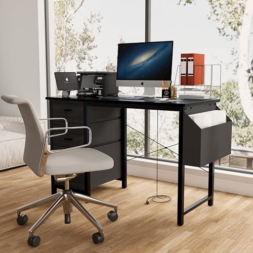 47.3" Office Desk with Power Outlet & 3 Drawers - Sturdy Reversible Frame, Side Pocket, Easy Assembly - Home/Office Computer Desk, Gaming Table, Vanity Table (Black + MDF+Metal + Modern) - color: Black + Mdf+metal + Modern