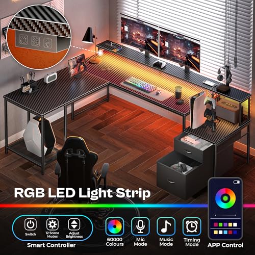 PRAISUN 66" L Shaped Gaming Desk with LED Lights & Power Outlets - color: Carbon Fiber Black