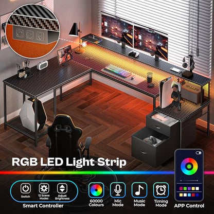 PRAISUN 66" L Shaped Gaming Desk with LED Lights & Power Outlets - color: Carbon Fiber Black