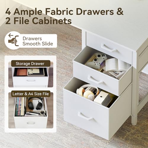 ODK 63 inch Computer Desk with 6 Fabric Drawers, Home Office Desk | White Desk with File Drawers Cabinet, Writing Table Desk with Large Storage for Study, Gaming - color: White
