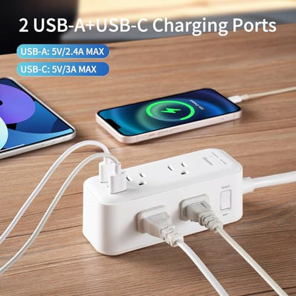 Gaston Surge Protector Power Strip - 10 Ft Plug Extension Cord, 4 Widely Outlets, 3 USB Ports(1 USB C), 2 Side Outlet Extender for Home Office, White, ETL