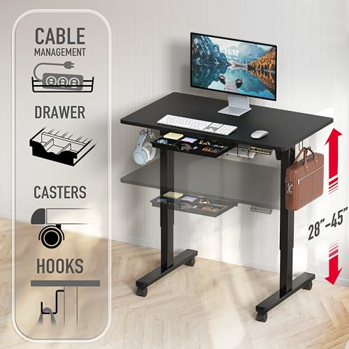SHW Mobile Electric Height Adjustable Standing Desk w/Drawer, Black | 40" Wide Top | w/ Memory Presets and Cable Management | Drawer with adjustable compartments | Hanging Hooks - color: Black