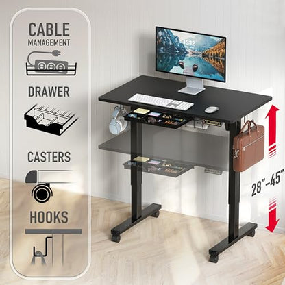 SHW Mobile Electric Height Adjustable Standing Desk w/Drawer, Black | 40" Wide Top | w/ Memory Presets and Cable Management | Drawer with adjustable compartments | Hanging Hooks - color: Black