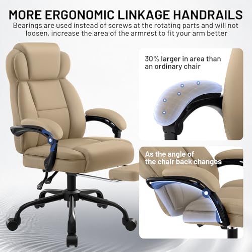 Ergonomic Office Chair with Footrest,PU Leather Executive Desk Chair Padded Linkage Armrests,Lumbar Support,Swivel Computer Chair for Home Office & Gaming,Khaki - color: Khaki