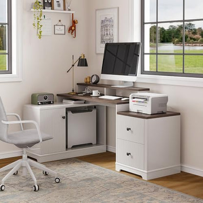 67" Farmhouse L Shaped Desk with Drawers and Printer Stand for Home Office, Computer Desk with Power Outlet, Home Office Desk with Storage Shelves and Monitor Stand, Computer Writing Desk, White