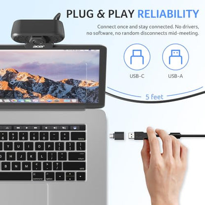 Acer A640 4K Webcam with AI Noise Canceling Mic for Streaming Meetings | Sony 1/2.8" Sensor, PDAF Autofocus, 2K 1080P/60fps, A to C Adapter, Computer Camera for switch 2 Camera Teams Zoom Facetime - color: Light Black