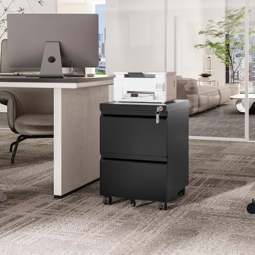 Fesbos 2 Drawers Vertical File Cabinet - Fully Assembled Black Under Desk Mobile Filling Cabinet Small Lockable Home Office File Cabinets for A4/Letter/Legal Size - color: Black, size: 14.6"W-2 Drawers-Fully Assembled