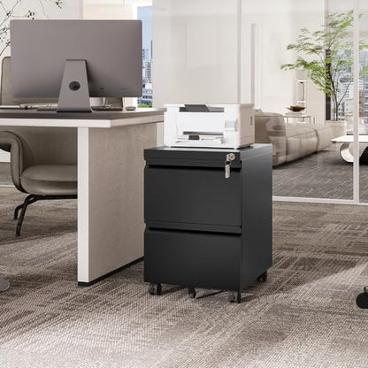 Fesbos 2 Drawers Vertical File Cabinet - Fully Assembled Black Under Desk Mobile Filling Cabinet Small Lockable Home Office File Cabinets for A4/Letter/Legal Size - color: Black, size: 14.6"W-2 Drawers-Fully Assembled