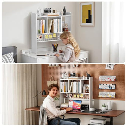 Desktop Bookshelf,Desk Hutch with 3 Shelves for Computer,White - color: White