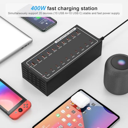 20-Port Fast Charging Station 400W, USB C and USB A Charger Dock with Smart Power Distribution Technology，for Multiple Devices, PD/QC Fast Charging Support