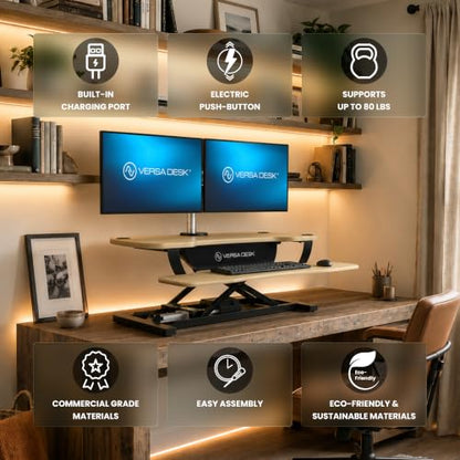 VERSADESK PowerPro 36” x 24” Standing Desk Converter | 36 Inch Electric Height Adjustable Sit to Stand Desk Riser w/Keyboard Tray & USB Hub - Ergonomic Workstation for Home & Office, Maple - color: Maple